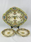 Majolica serving platter, 50cm; together with a pair of majolica plates.