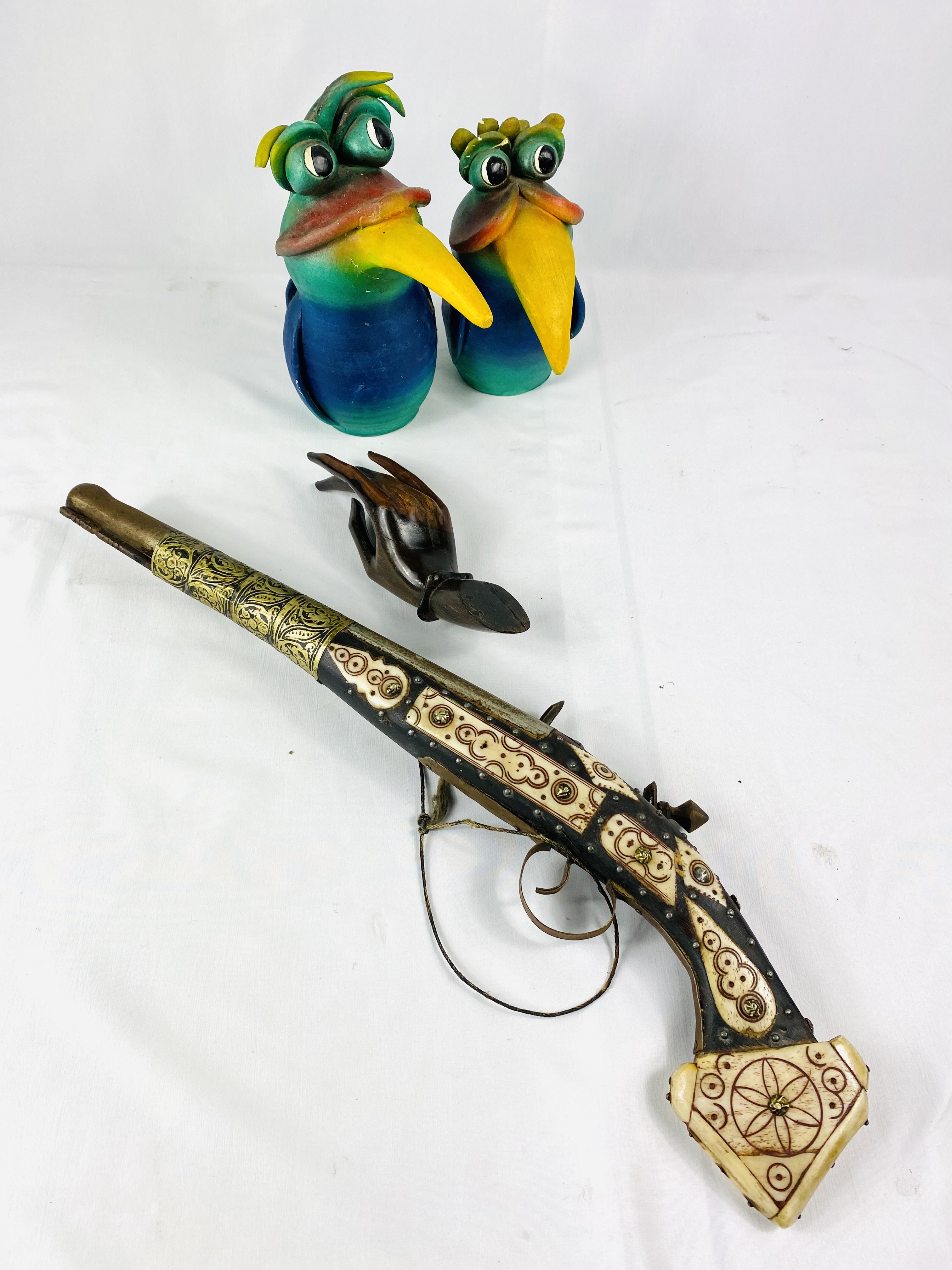 Middle Eastern decorative wood pistol and other items