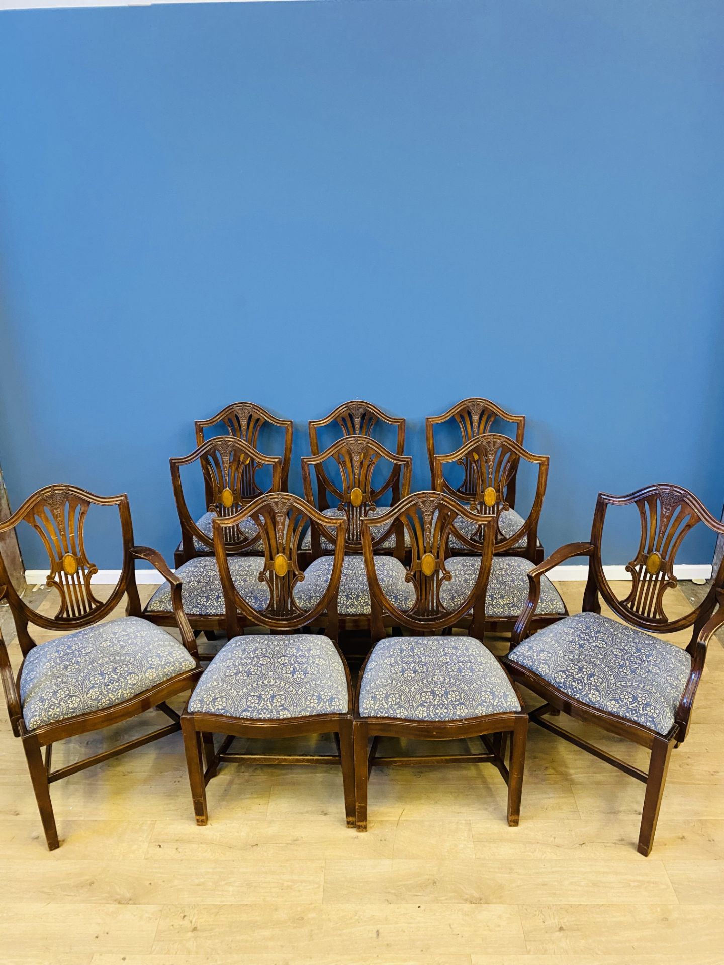 Ten splat back dining chairs
