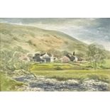 Framed and glazed watercolour of a hill farm, signed Angela Fallshaw