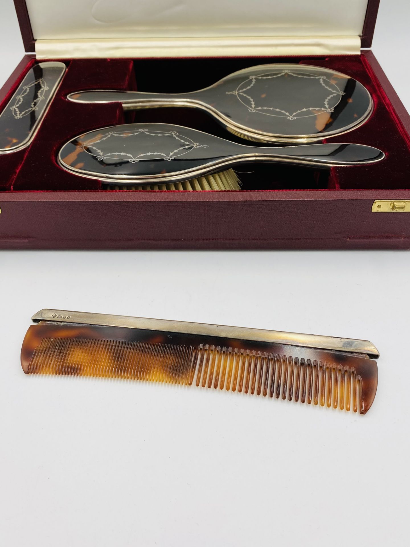 Four piece silver and tortoiseshell dressing table set retailed by Asprey - Image 4 of 4