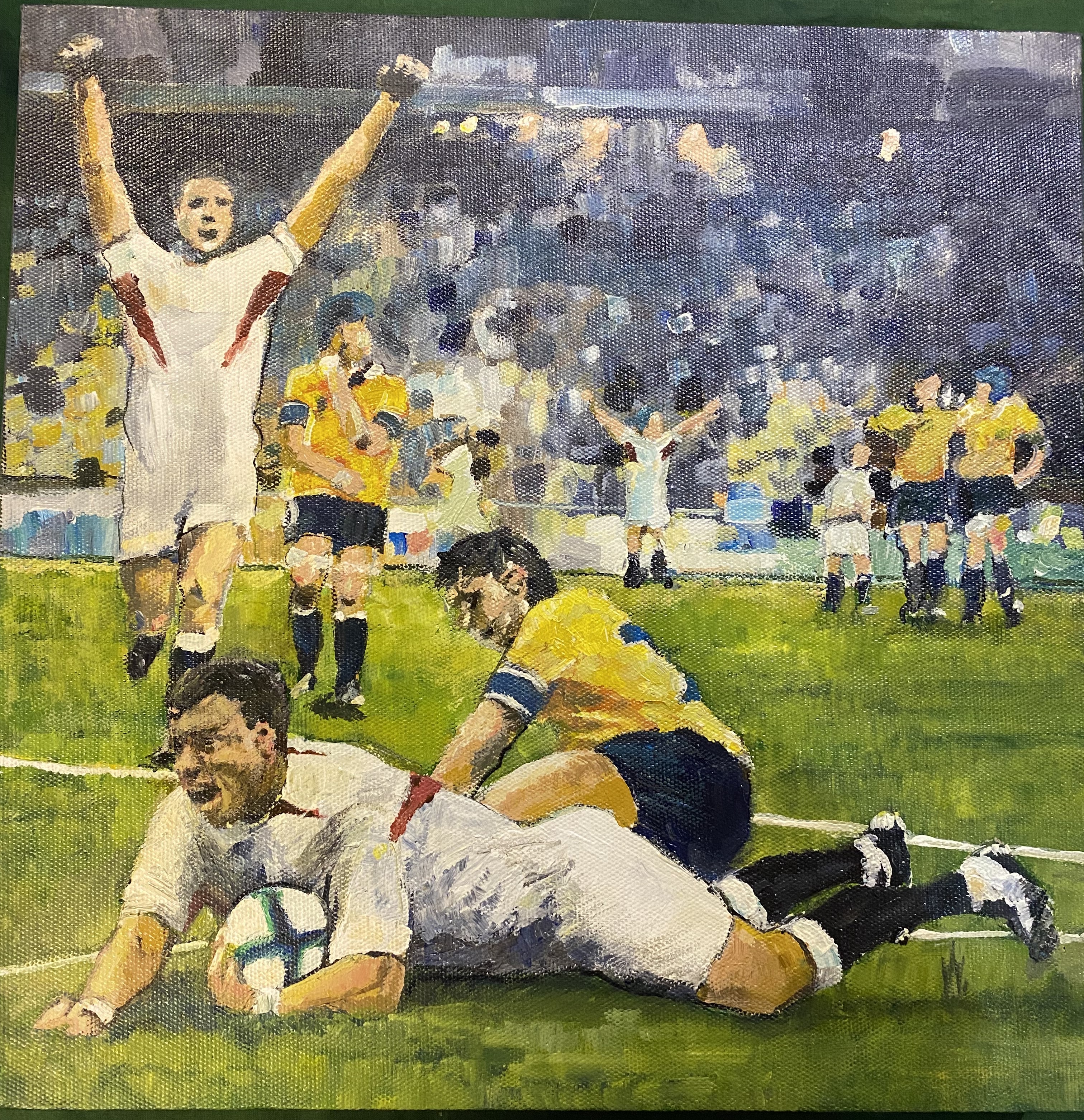 Four oil on canvas Rugby paintings, signed to reverse