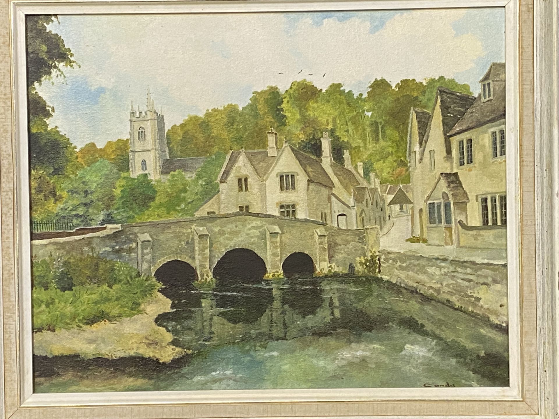 Framed oil on canvas of a village and river scene - Image 2 of 3