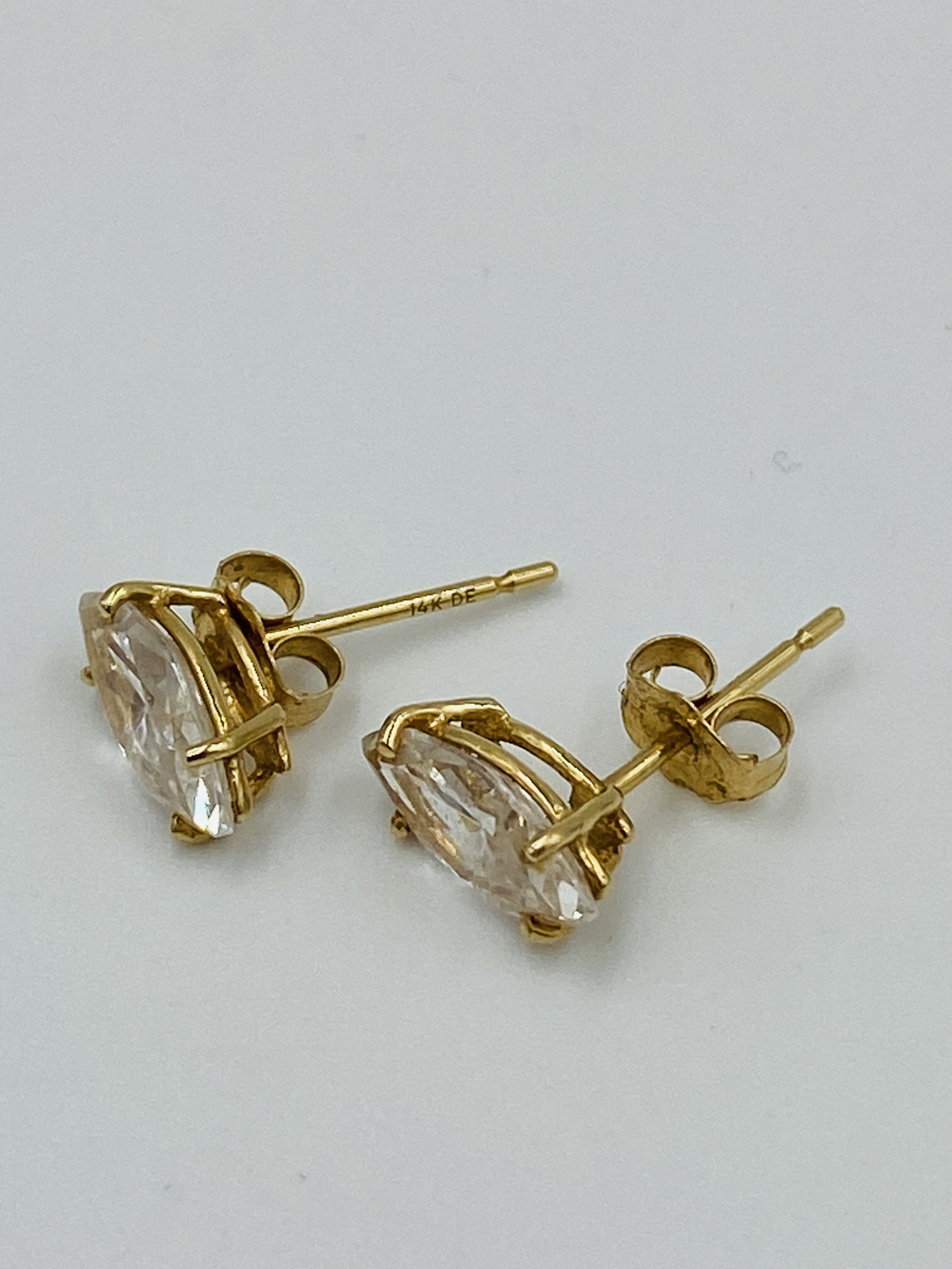 Pair of 14ct gold earrings set with a white stone - Image 2 of 4