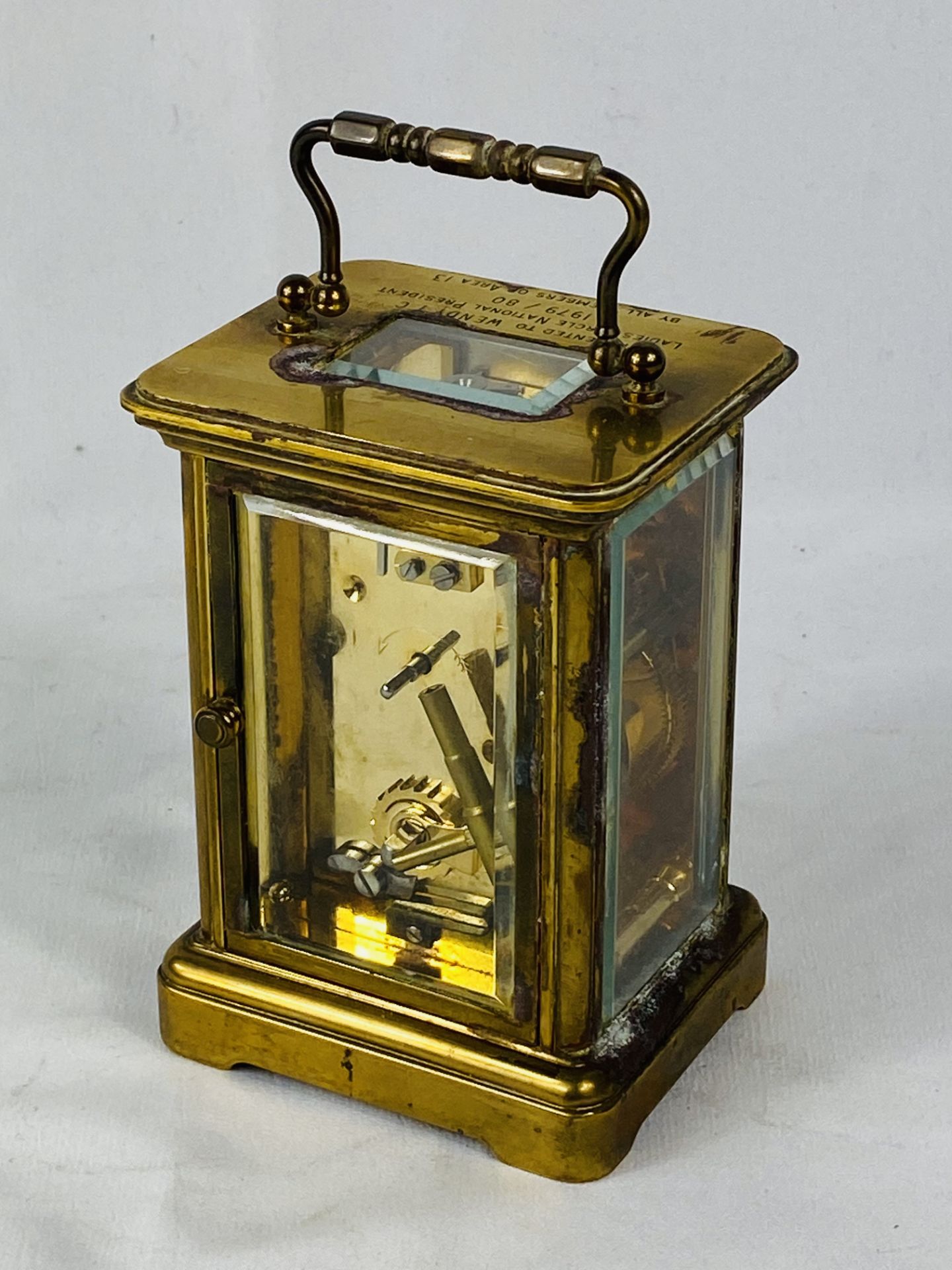 Matthew Norman brass cased carriage clock with bevel edged glass engraved to top, - Image 4 of 4