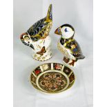 Two Royal Crown Derby paperweights and a trinket dish