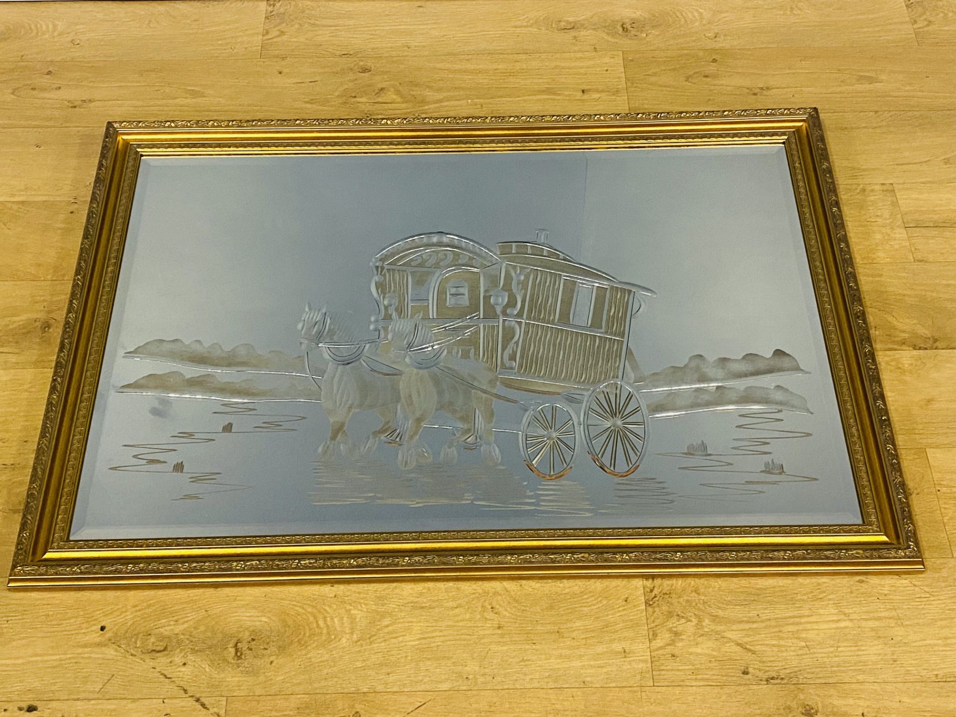 Framed bevel edge mirror with etched living wagon