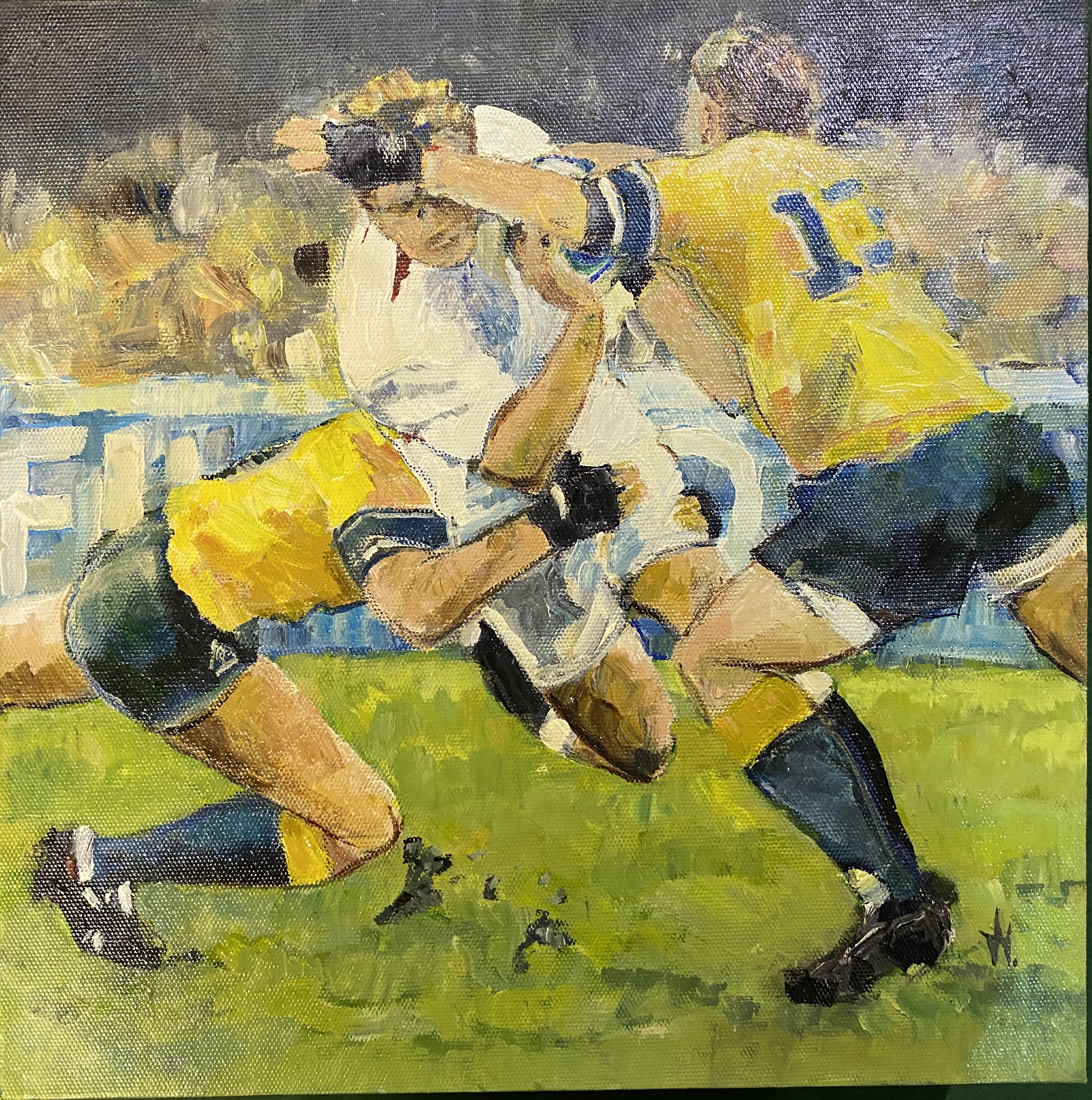 Four oil on canvas Rugby paintings, signed to reverse - Image 2 of 4