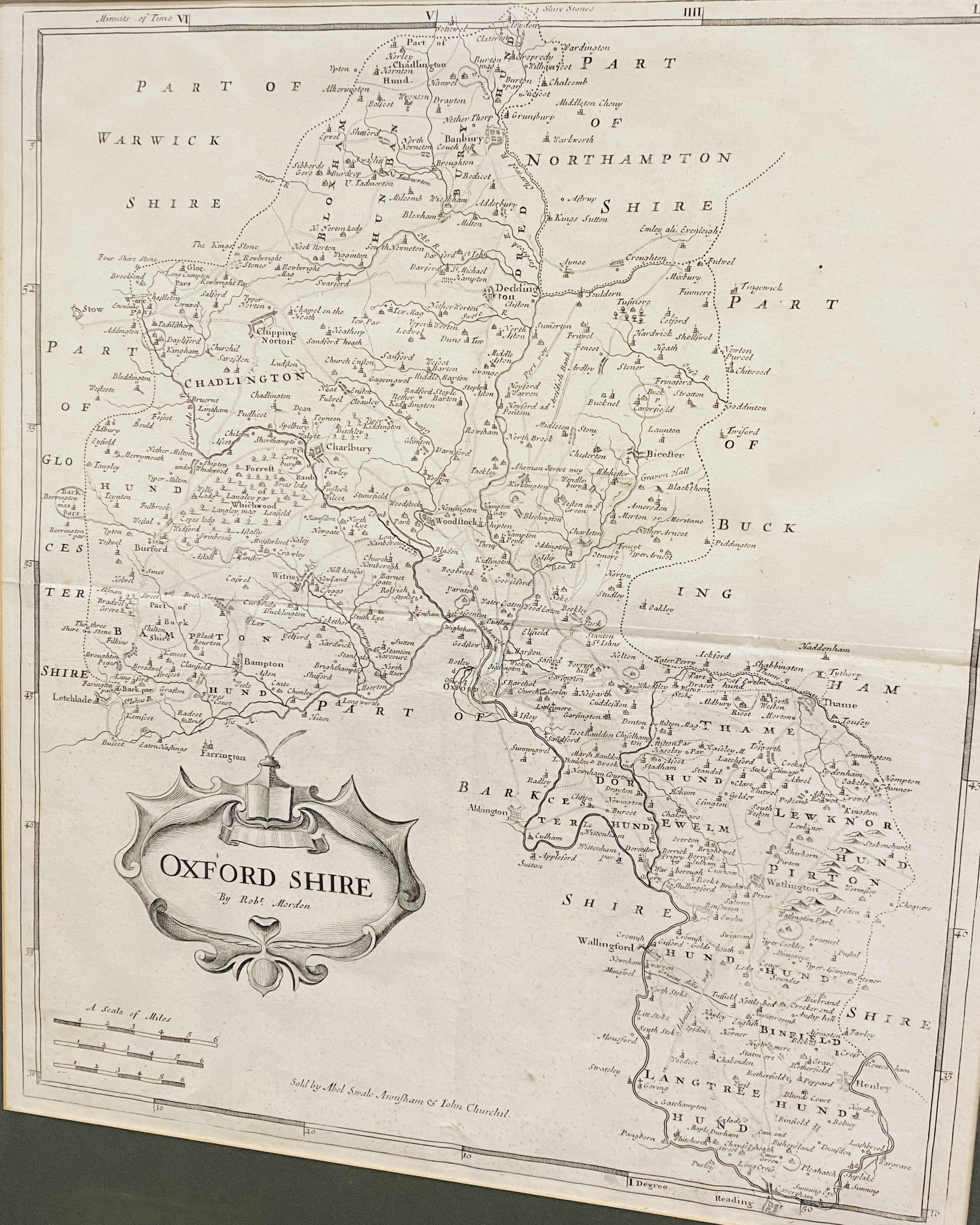 Framed and glazed printed map of Oxfordshire by Robert Morden