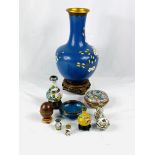 Cloisonne vase on wood base together with other items of Cloisonne.