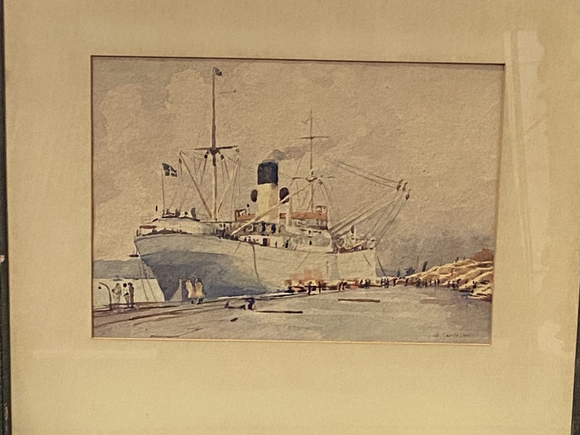 Framed and glazed watercolour of a ship in a dock, signed A Saville Davis - Bild 3 aus 4