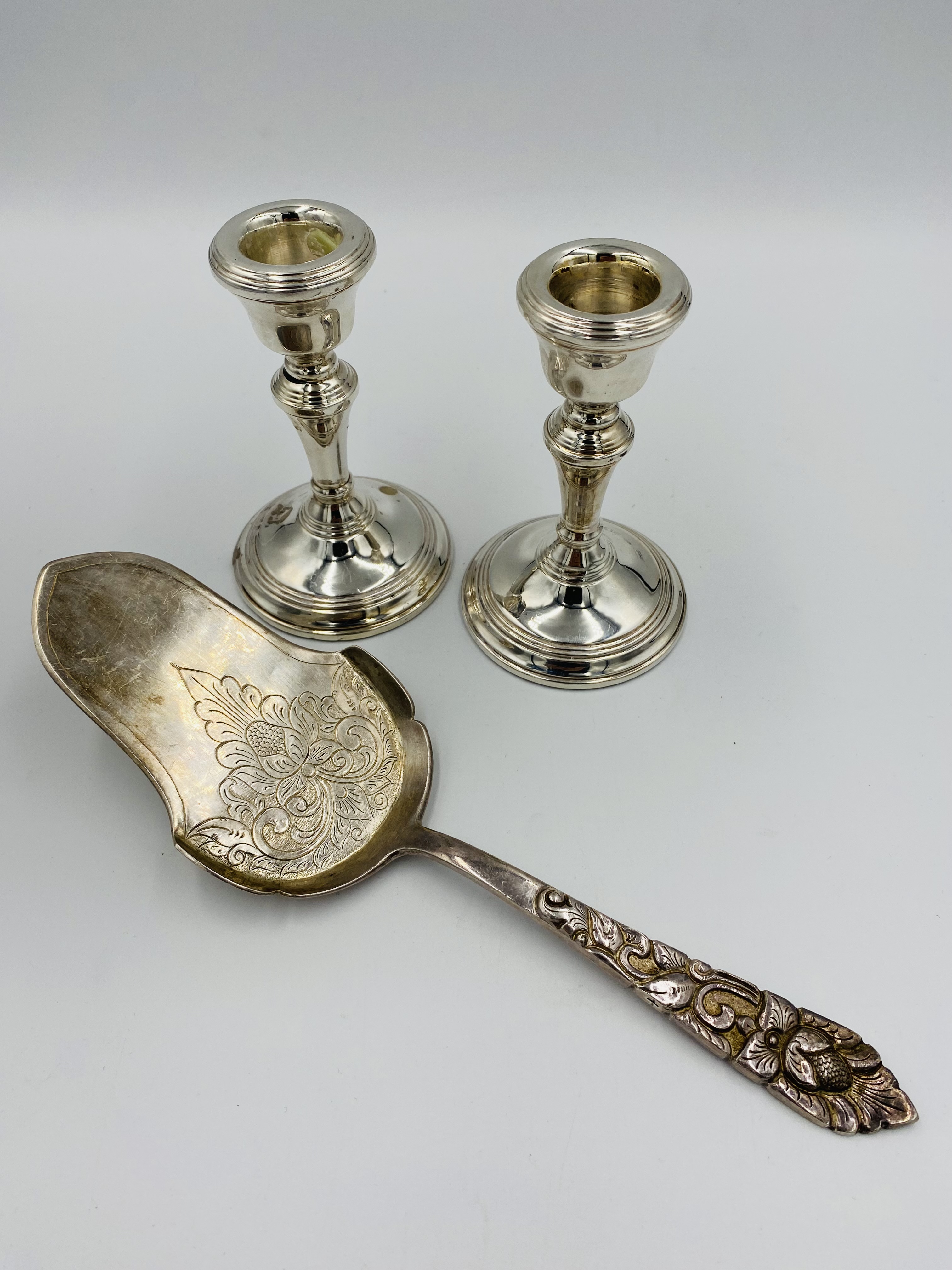 Pair of silver candlesticks together with a silver server - Image 2 of 3
