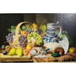 Framed and glazed oil on canvas of still life fruit and game, signed by artist