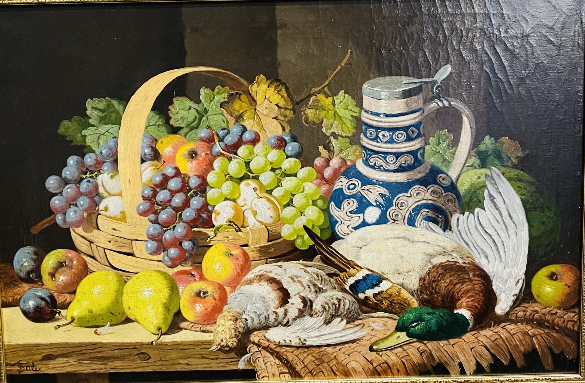 Framed and glazed oil on canvas of still life fruit and game, signed by artist