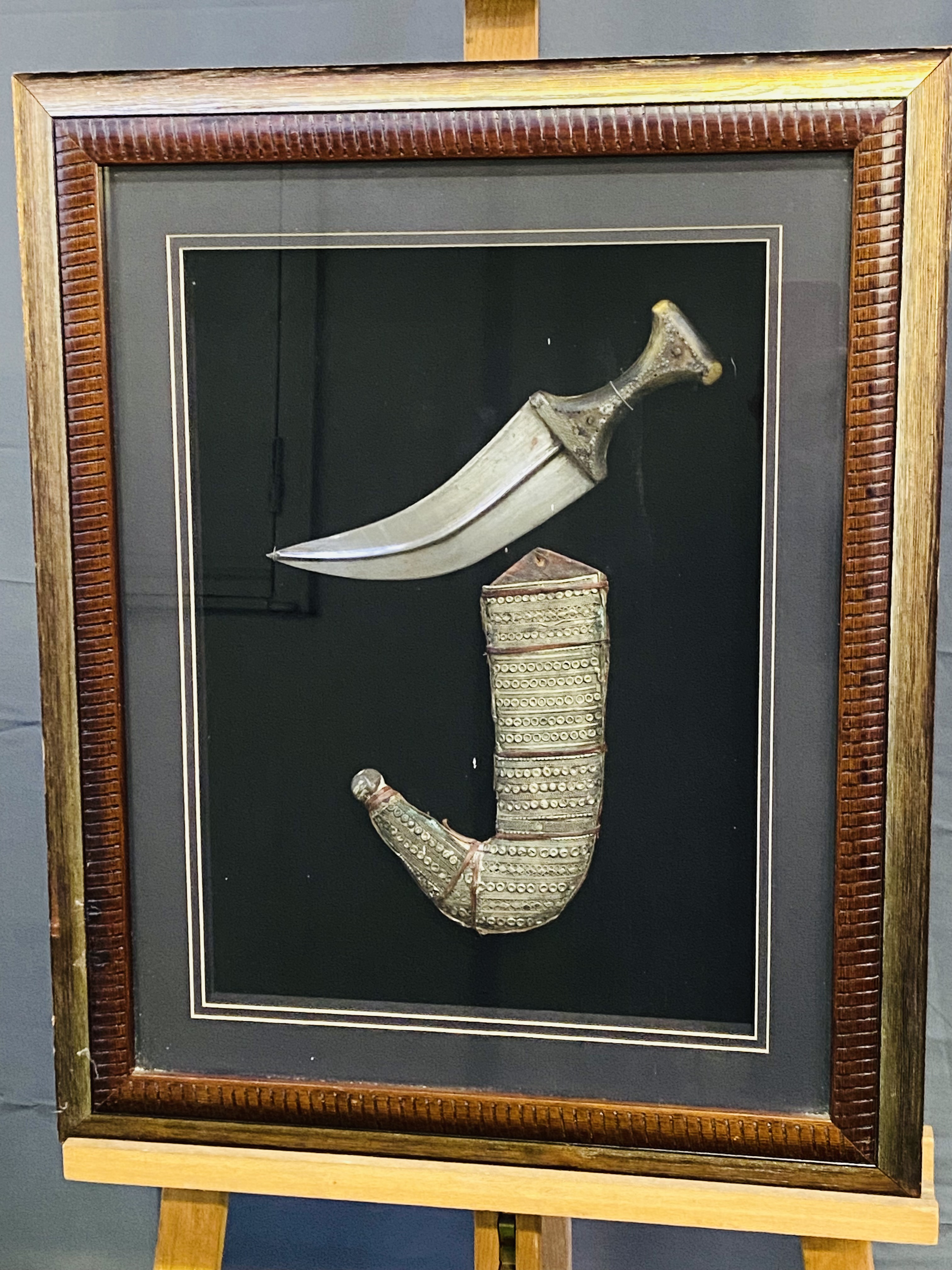 Framed and glazed Middle Eastern white metal dagger - Image 2 of 2