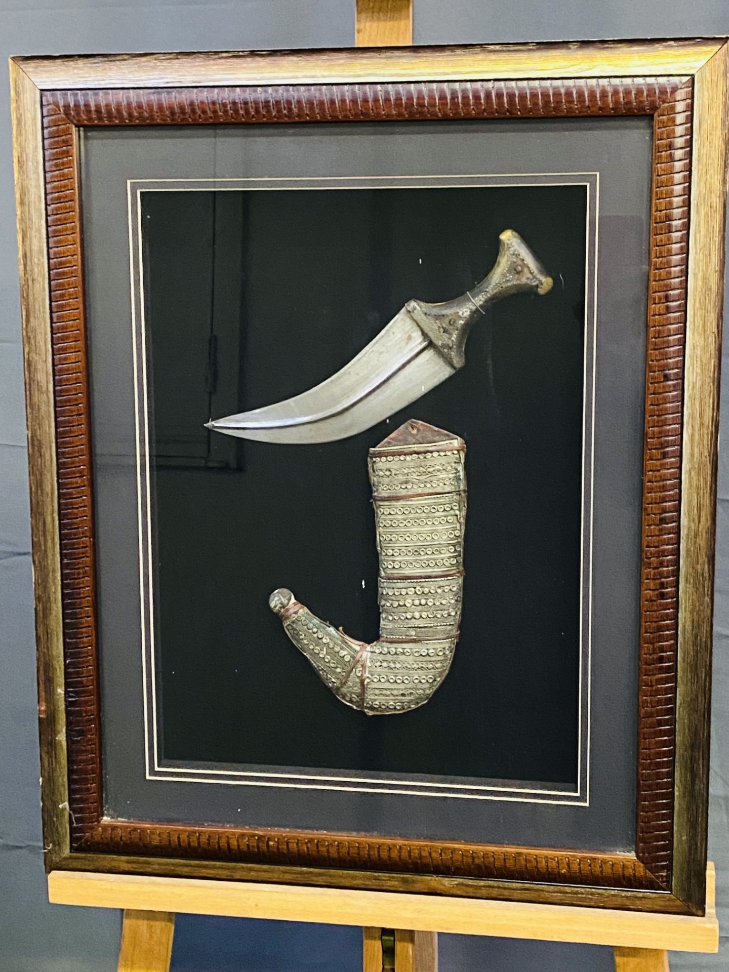 Framed and glazed Middle Eastern white metal dagger - Image 2 of 2