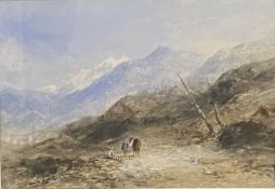 Framed and glazed watercolour of a mountain scene, signed E Tucker