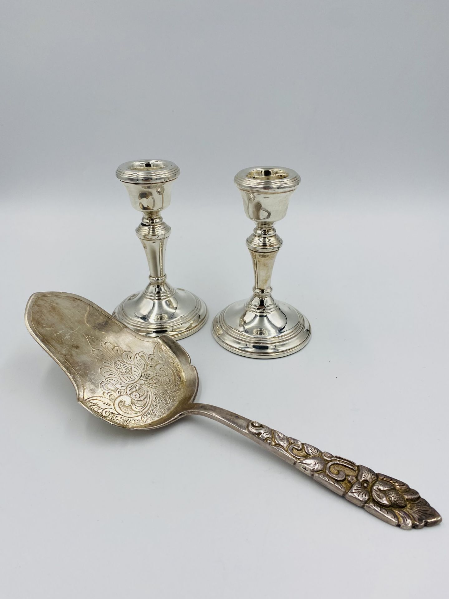 Pair of silver candlesticks together with a silver server - Image 3 of 3