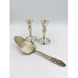 Pair of silver candlesticks together with a silver server