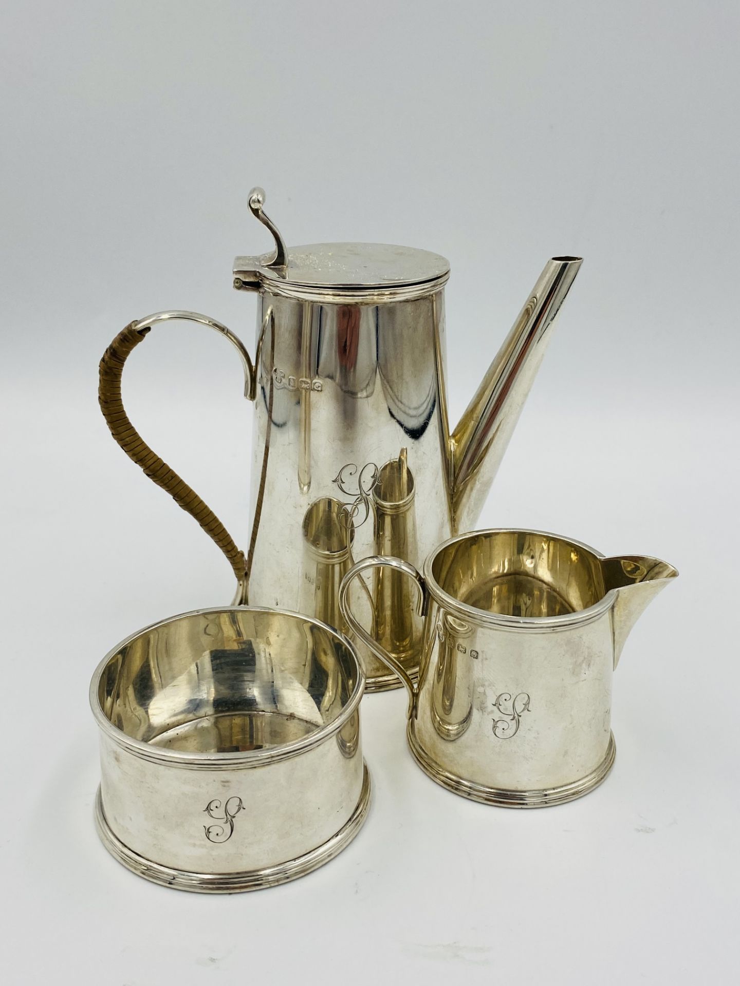 Three piece silver coffee set, retailed by Harrods; together with a silver hot water jug to match - Image 2 of 8