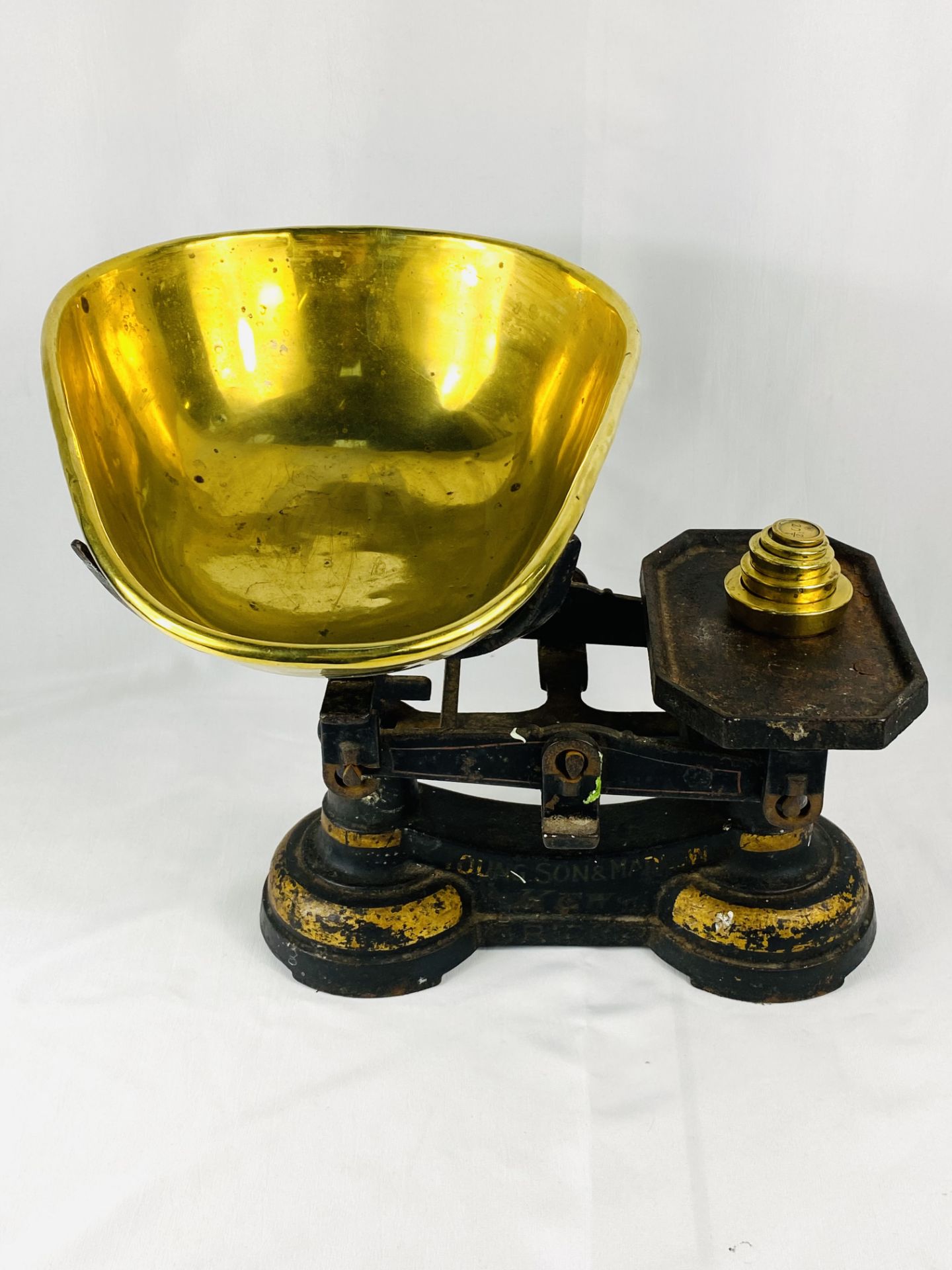 Set of Young Son and Matthew kitchen scales with brass bowl and weights,