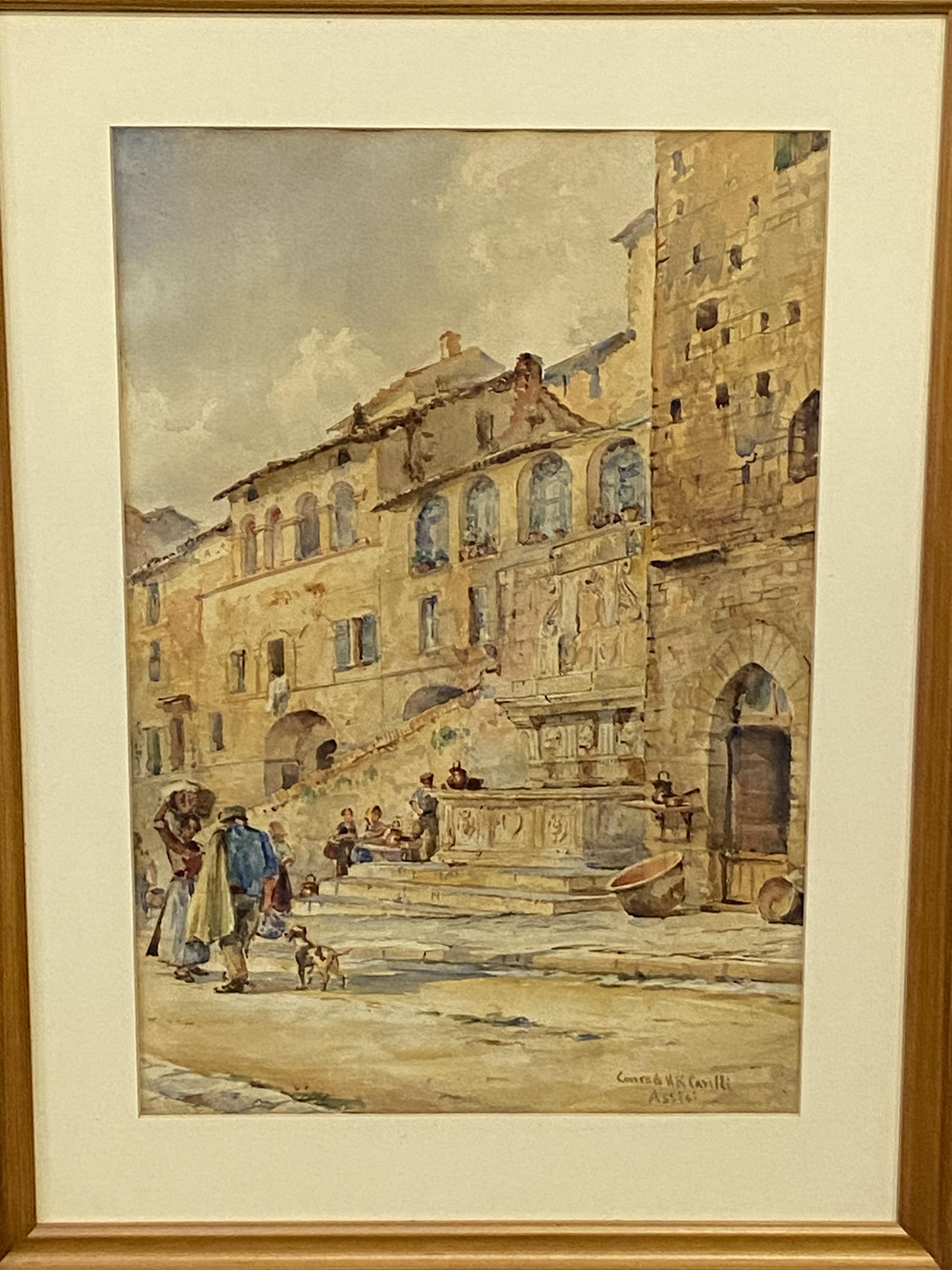 Framed and glazed watercolour of Assisi, signed Conrad H R Carilli - Image 4 of 4