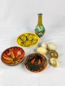 Three Poole pottery bowls and other items