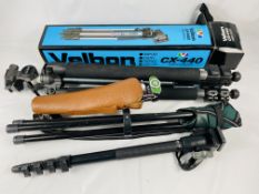 Velbon CX-440 camera tripod together with four other tripods