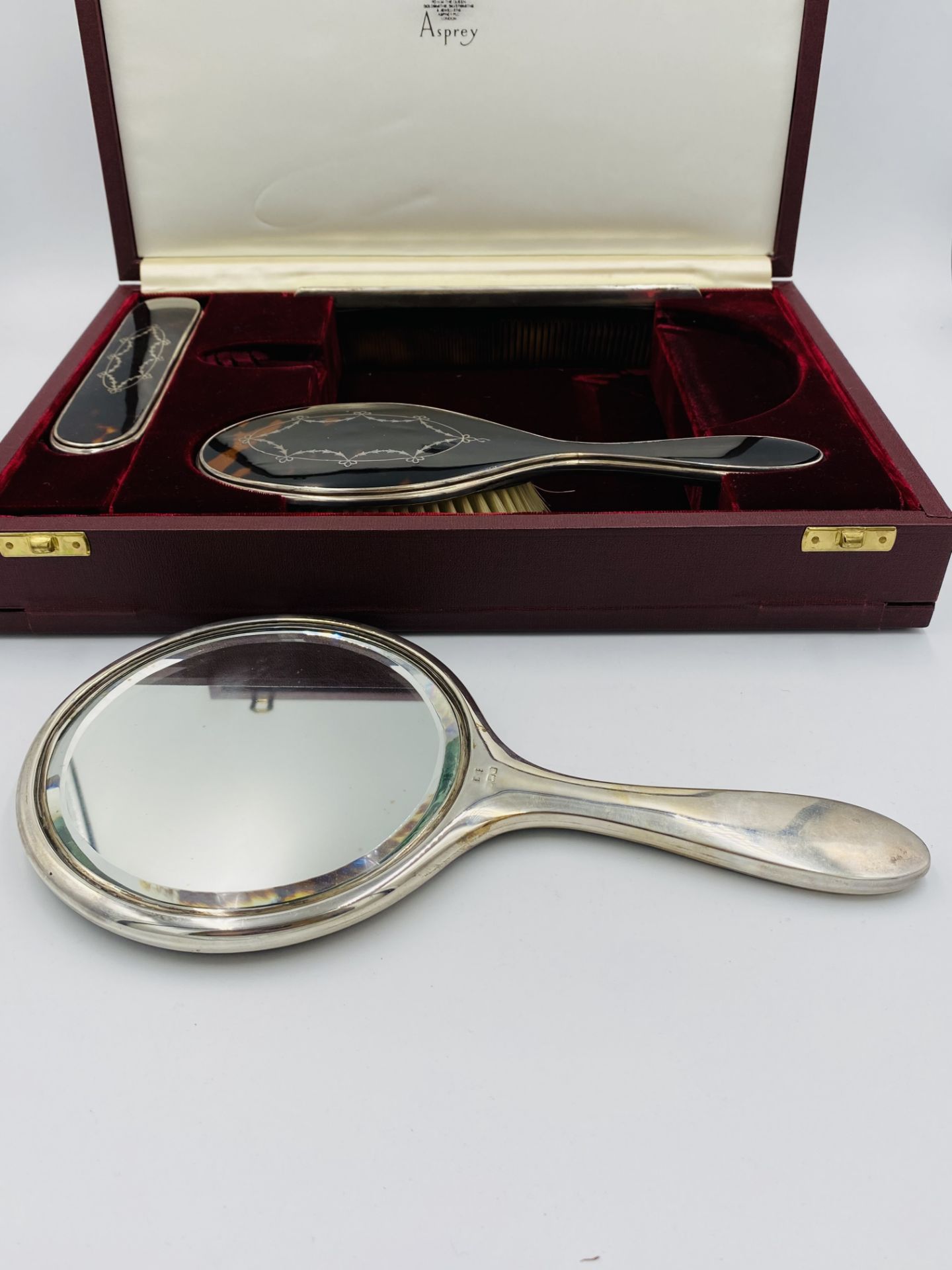 Four piece silver and tortoiseshell dressing table set retailed by Asprey - Image 3 of 4