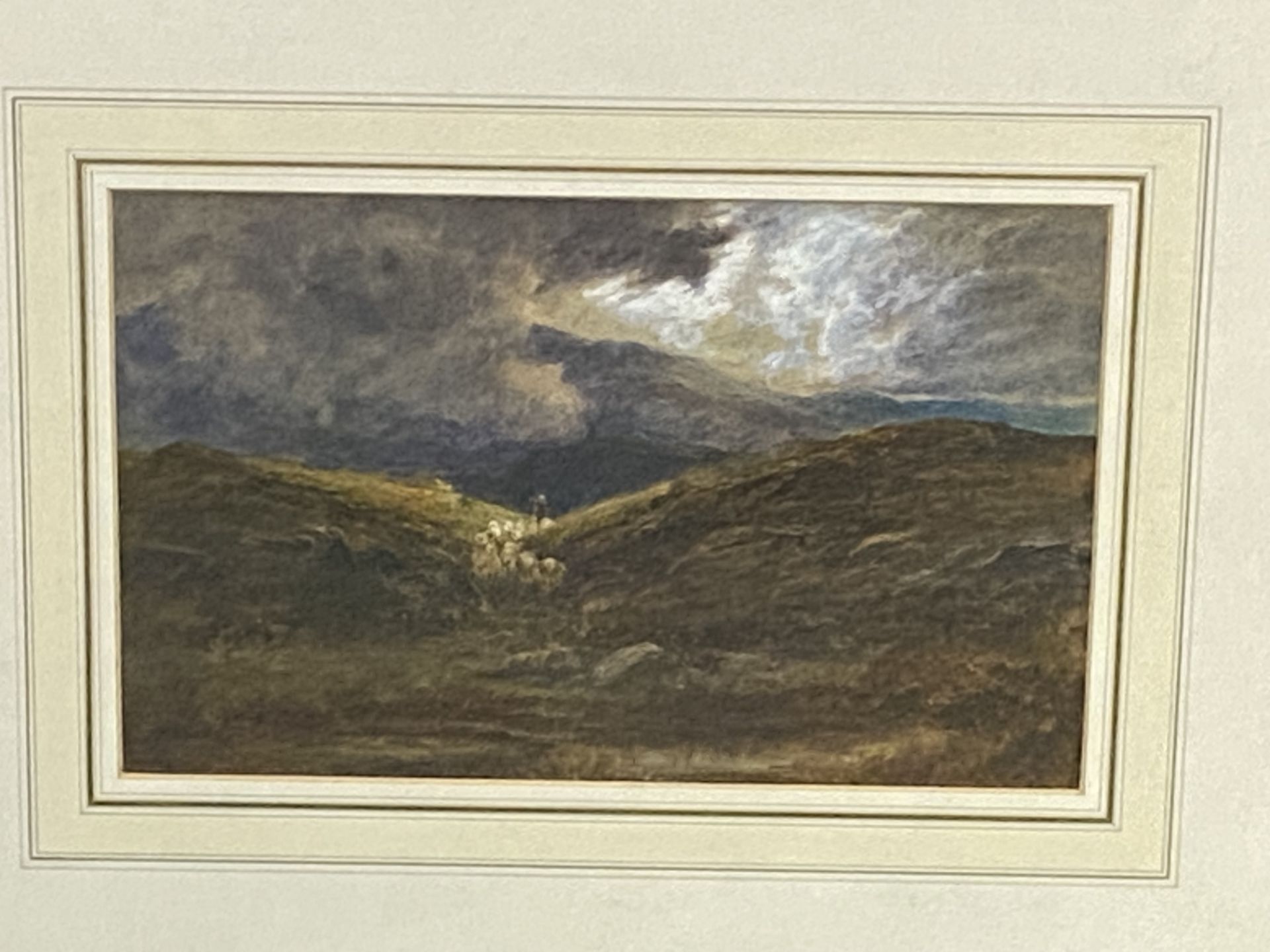 Framed and glazed watercolour of sheep on a moor - Image 3 of 3