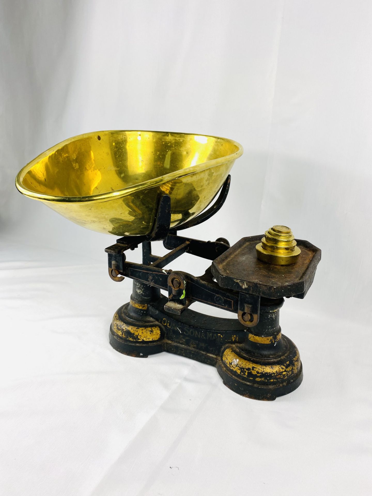 Set of Young Son and Matthew kitchen scales with brass bowl and weights, - Image 2 of 3