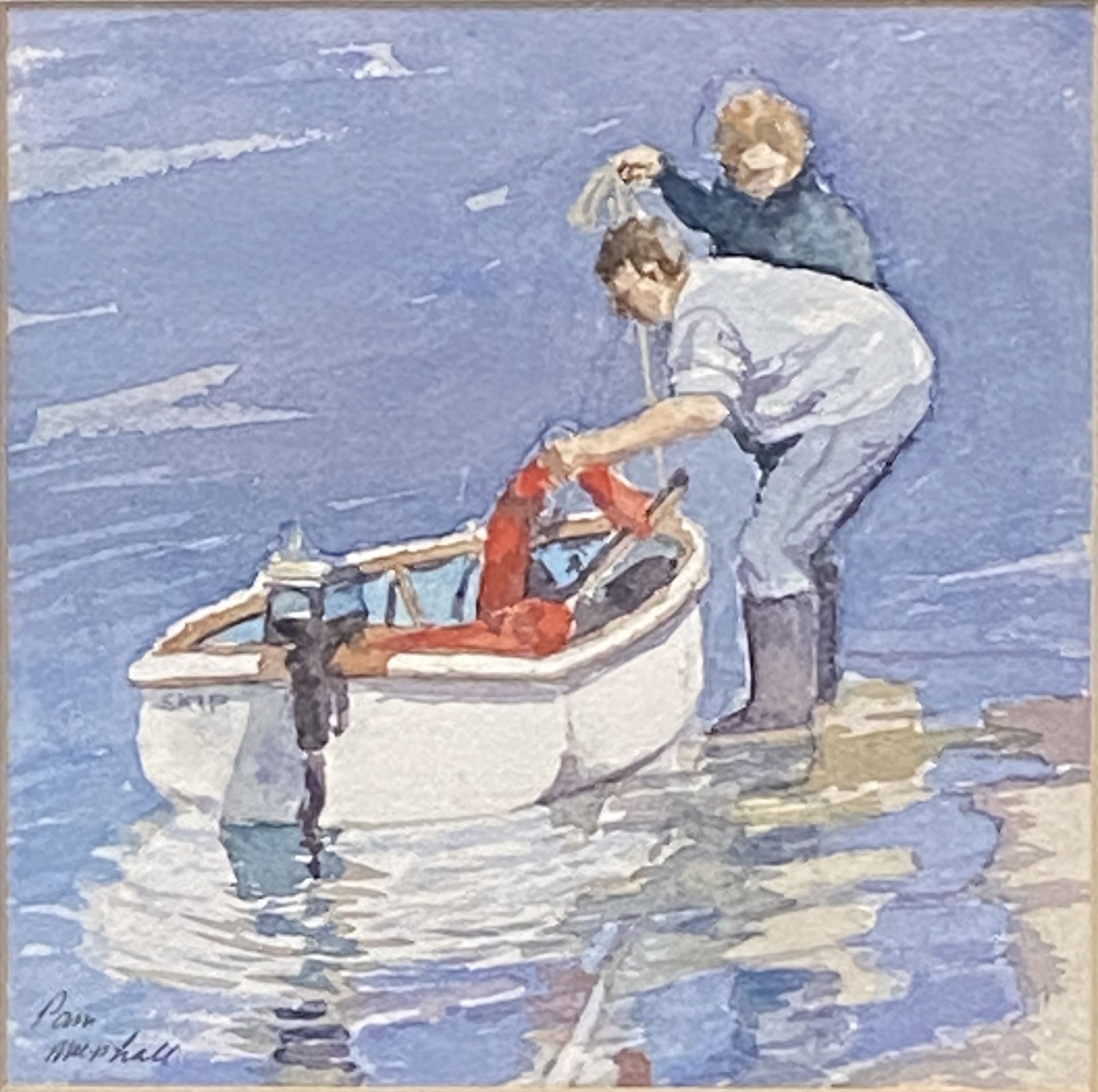 Framed and glazed watercolour "Putting to Sea", signed Pam Marshall