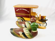 Two wooden ducks and other items