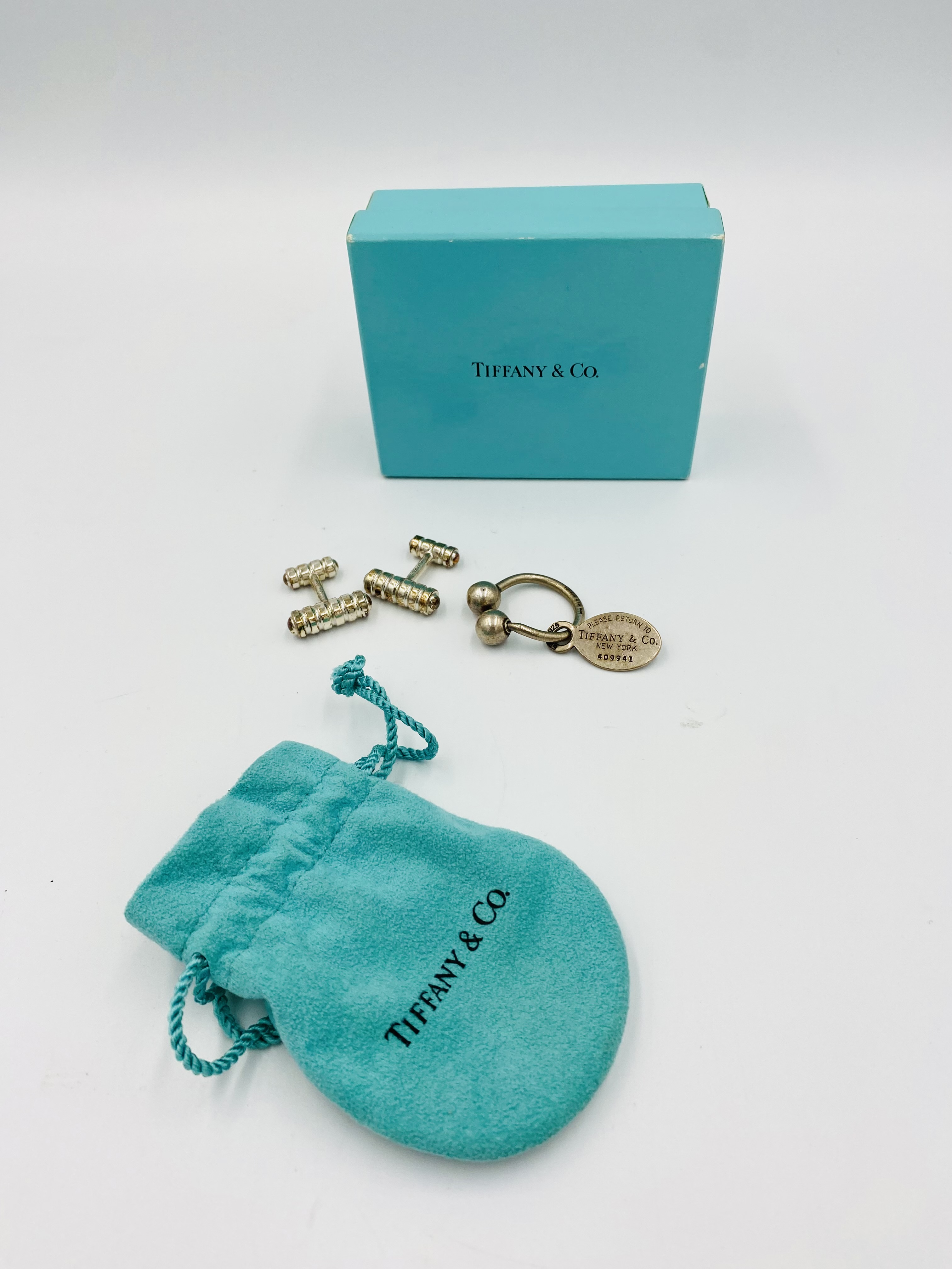 Pir of silver Tiffany cufflinks and a silver Tiffany bullring key fob. - Image 2 of 2