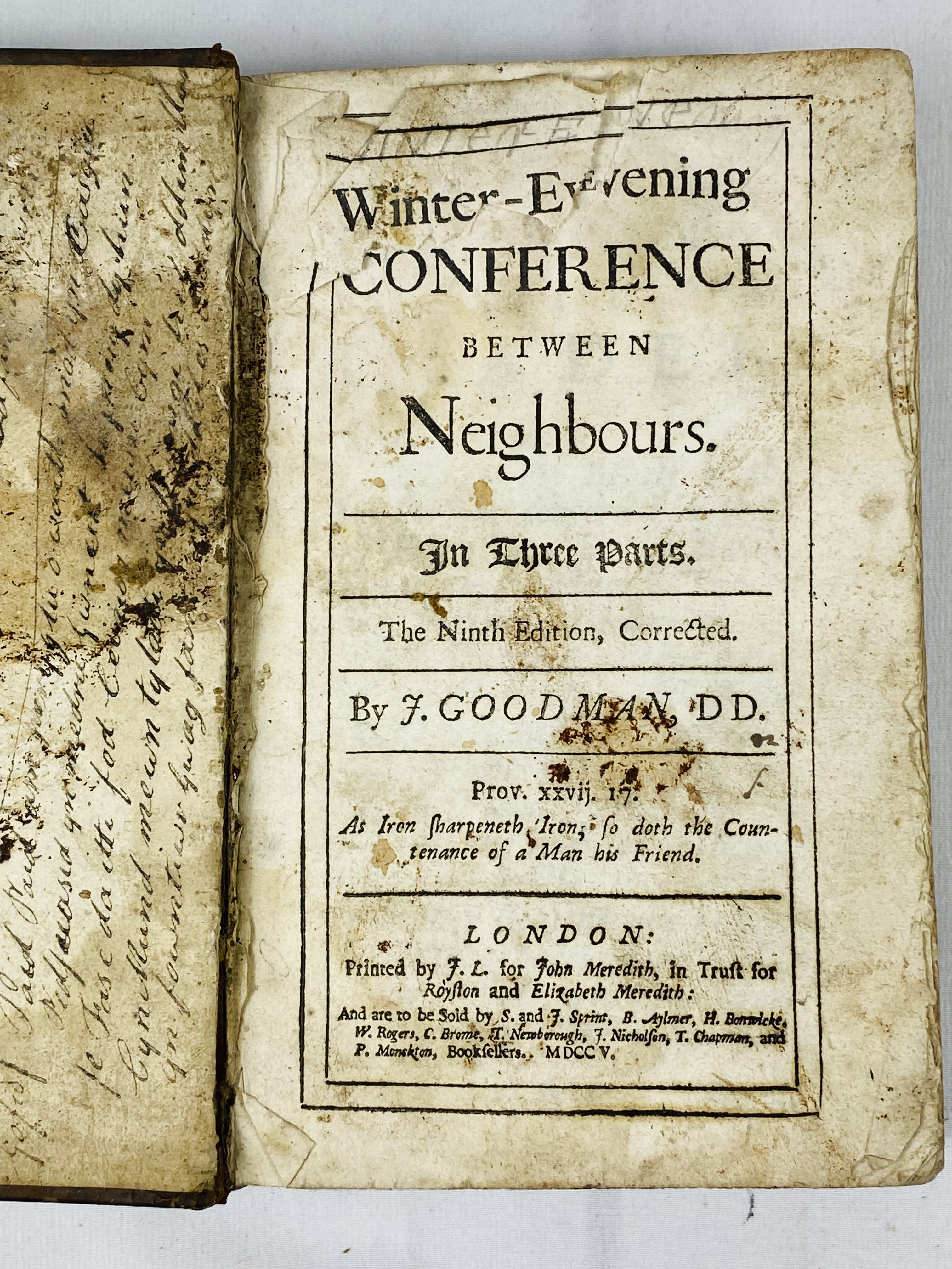 Winter Evening Conference Between Neighbours, by J. Goodman, ninth edition, leather bound, 1705. - Image 3 of 6