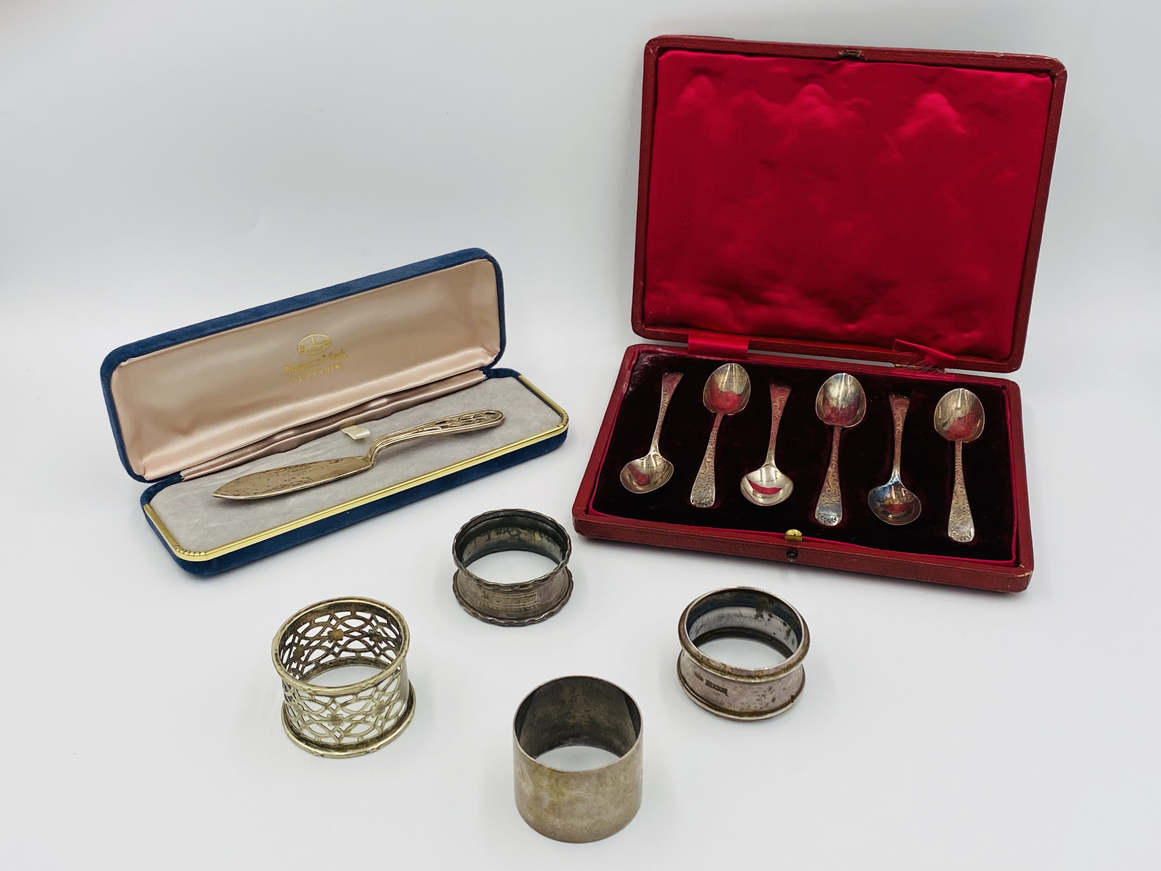 Boxed set of silver coffee spoons and other silver