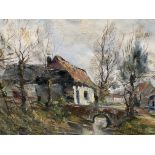 Framed oil on canvas of a village in winter, signed L. Van Crons