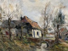 Framed oil on canvas of a village in winter, signed L. Van Crons