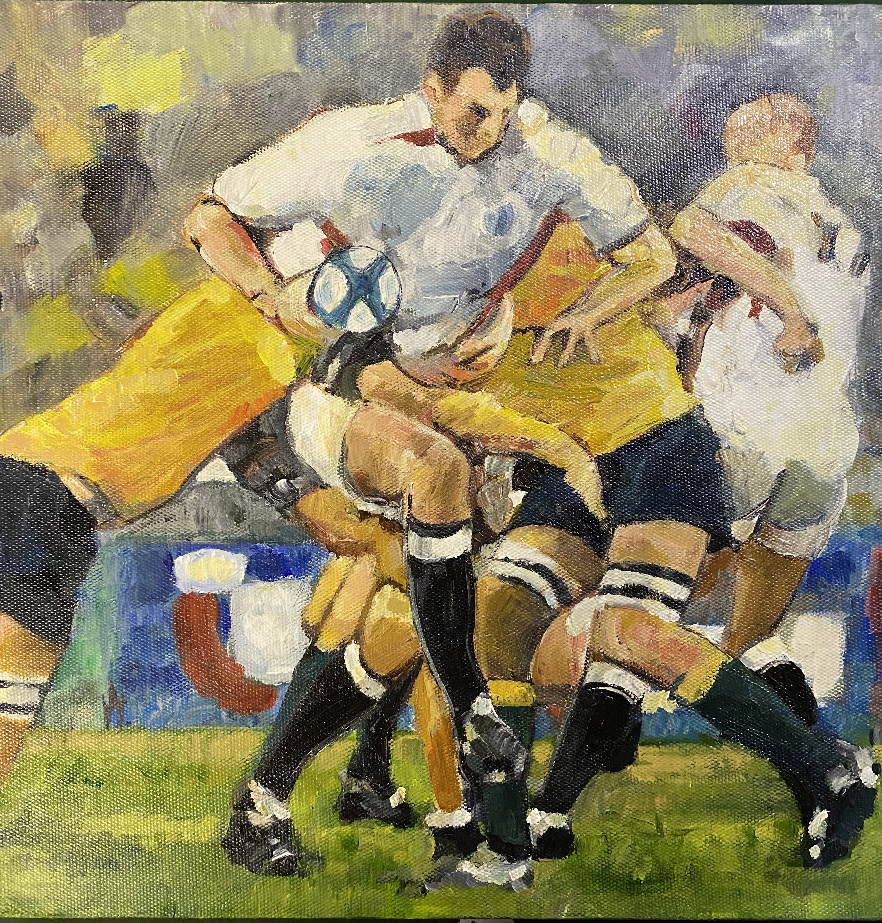 Four oil on canvas Rugby paintings, signed to reverse - Image 4 of 4