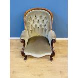 Victorian button back walnut show wood armchair