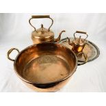 Two copper kettles, a copper pan and engraved copper tray