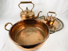Two copper kettles, a copper pan and engraved copper tray