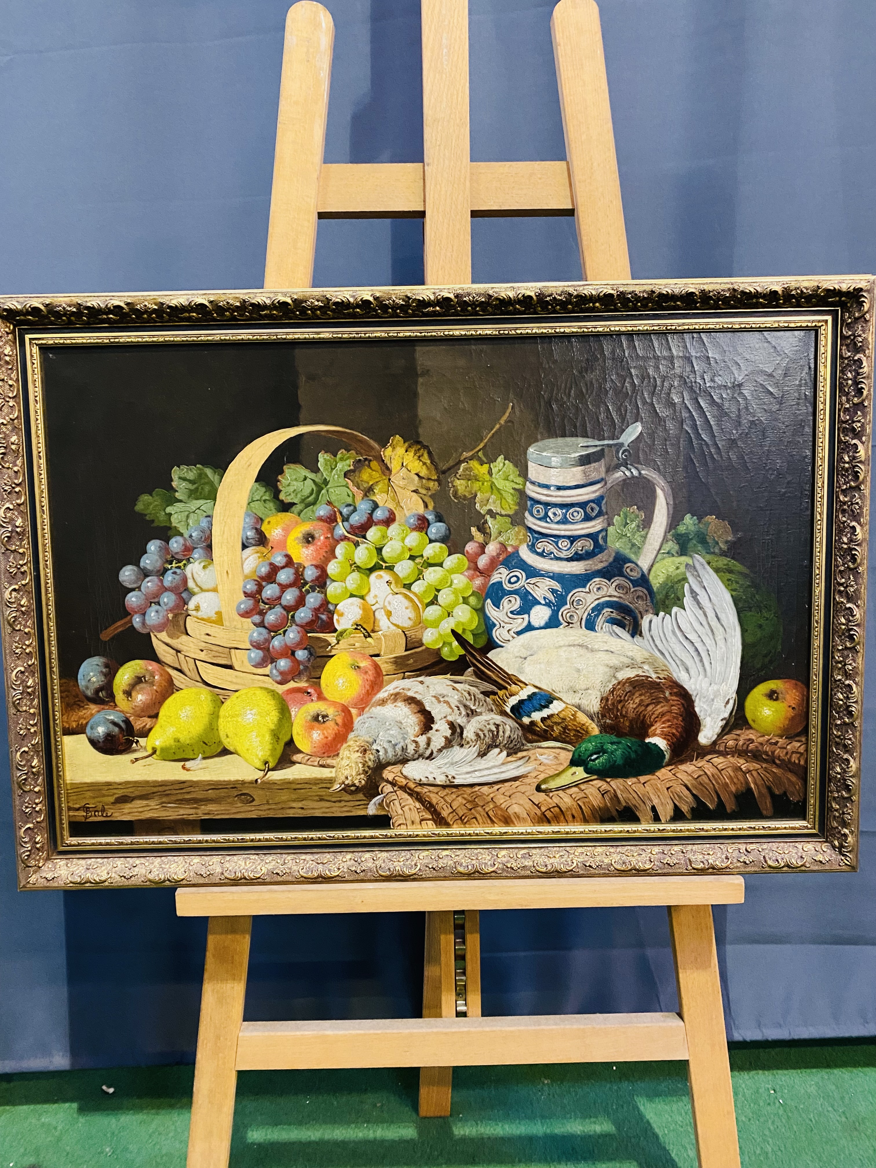 Framed and glazed oil on canvas of still life fruit and game, signed by artist - Image 2 of 4