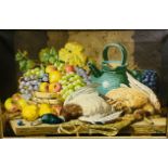 Framed and glazed oil on canvas of still life fruit and game, signed by artist