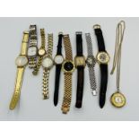 Nine various quartz watches and a fob watch