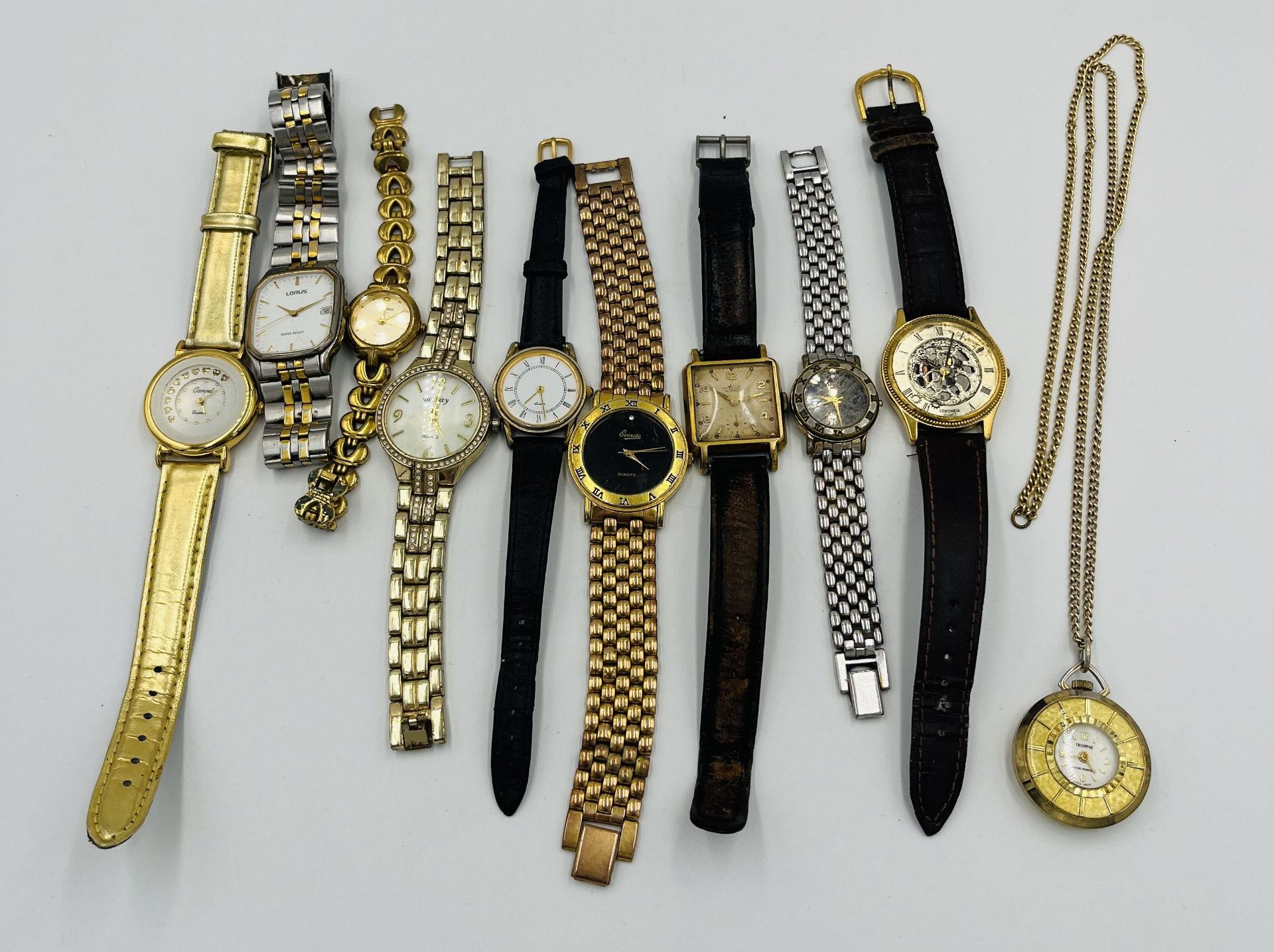 Nine various quartz watches and a fob watch