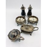 Pair of silver salts, two silver pepper pots and two silver mustard pots