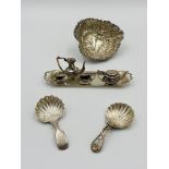 Miniature four piece silver tea set on matching tray and other items