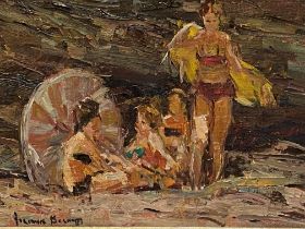 Framed oil on canvas of ladies on a beach