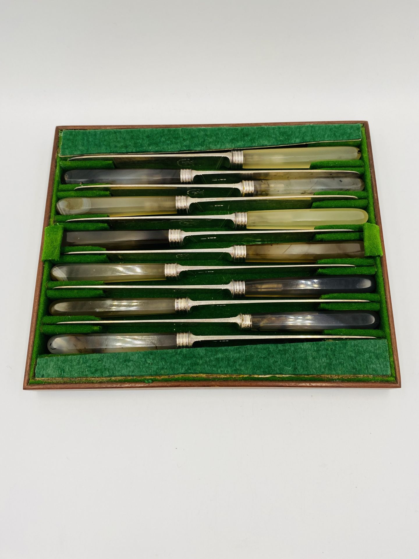 Boxed set of twelve Georgian dessert knives and forks with agate handles and silver blades - Image 5 of 6